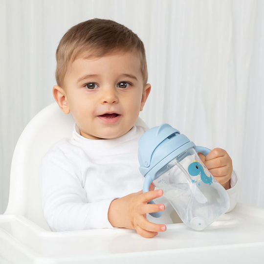 Kiokids Παιδικό Ποτηράκι με Λαβές και Καλαμάκι Little Dinosaur από Πλαστικό Γαλάζιο Little Dinosaur 300ml για 6m+