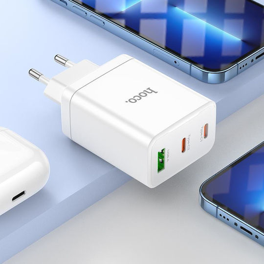 Hoco с USB-A порт и 2 USB-C порта и кабел USB-C - Lightning 35W Power Delivery / Quick Charge 3.0 Бял (N33 Start)
