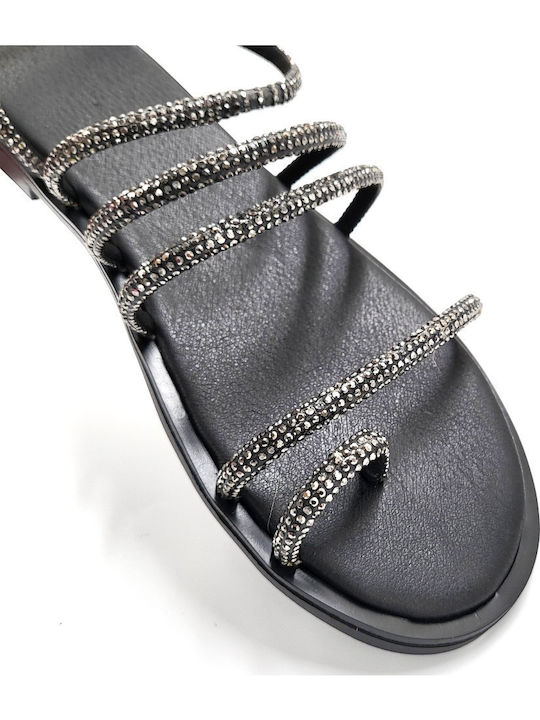 Leder Flache Sandalen für Damen mit Riemen in Schwarz Farbe