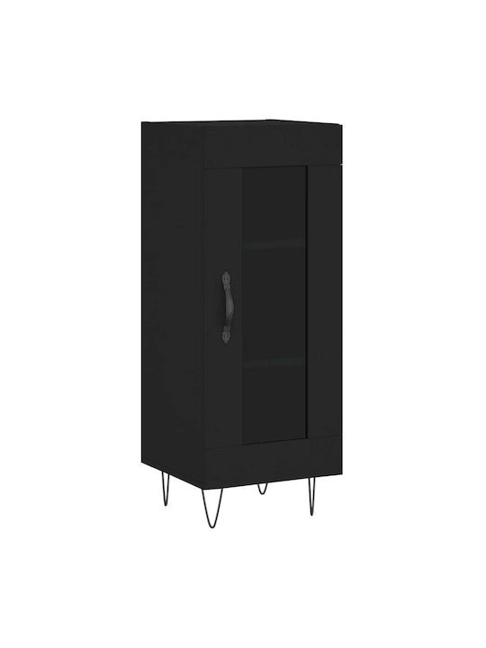 Floor Particle Board Living Room Display Cabinet with Glass Black 34.5x34x90cm