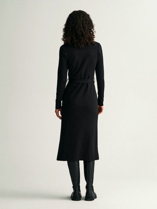 Midi Shirt Dress Long Sleeve Knitted Black