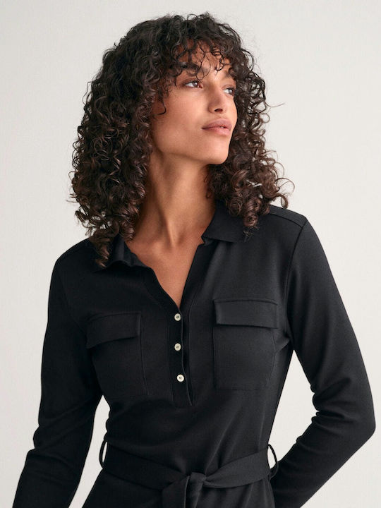 Midi Shirt Dress Long Sleeve Knitted Black