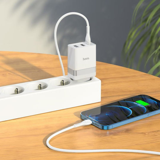 Hoco Charger with 2 USB-A Ports and USB-C Port and Cable USB-C - Lightning 30W Power Delivery / Quick Charge 3.0 Whites (N21 Pro)