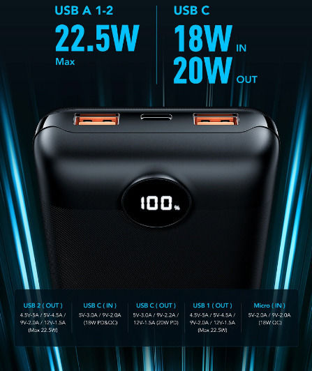 Veger S20 Power Bank 20000mAh 20W με 2 Θύρες USB-A και Θύρα USB-C Power Delivery / Quick Charge 3.0 Μαύρο