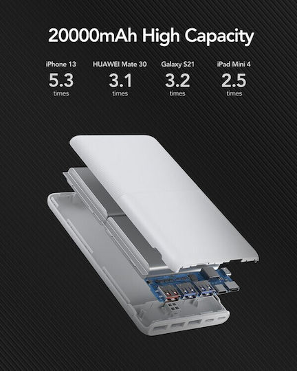 Veger S22 Външна Батерия 20000mAh 20W с 3 USB-A Изходни Порта и USB-C Изходен Порт Power Delivery / Бързо Зареждане Бяла