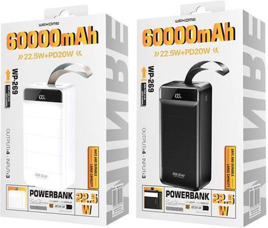 WK WP-269 Power Bank 60000mAh 22.5W με 3 Θύρες USB-A και Θύρα USB-C Power Delivery / Quick Charge 3.0 Minre White