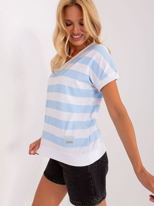 Relevance Women's Summer Blouse Cotton Short Sleeve Striped Blue