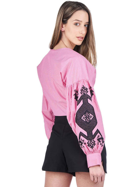 Zoya Women's Crop Top Long Sleeve with V Neckline Fuchsia