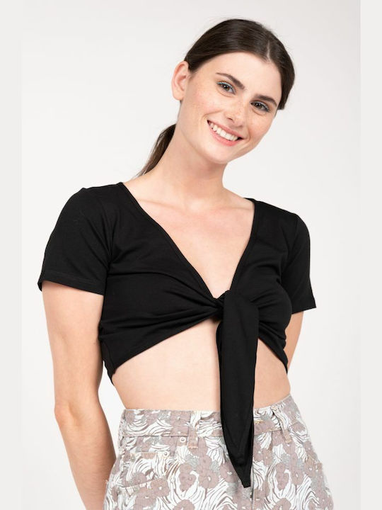 24 Colours pentru Femei de Vară Crop Top cu Mâneci Scurte Negru