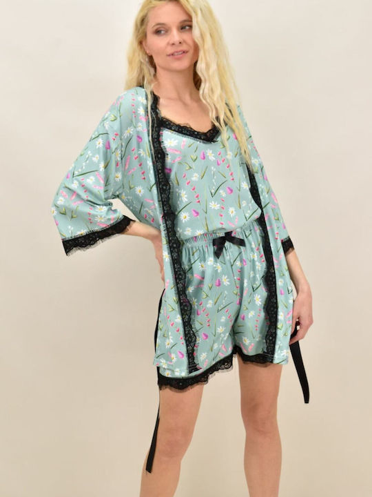 Potre Summer Women's Cotton Robe with Pyjama Green