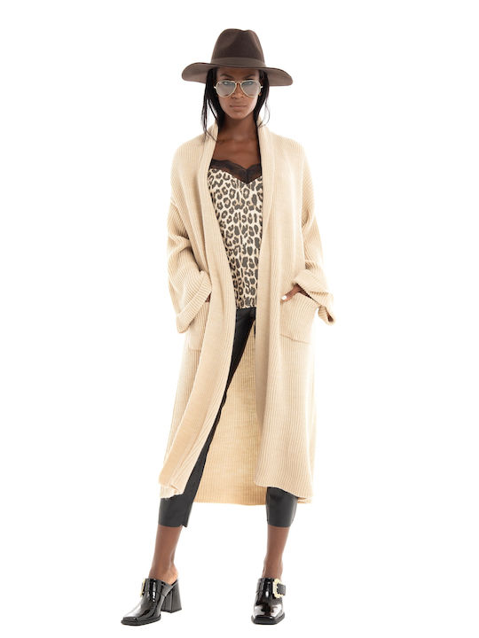 Black & Black Long Women's Knitted Cardigan Beige