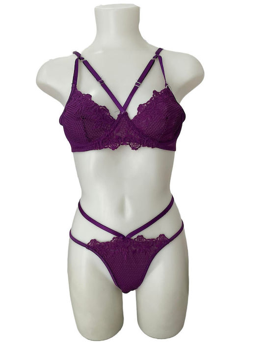 Modern Ocean Lace Underwear Set with String Purple