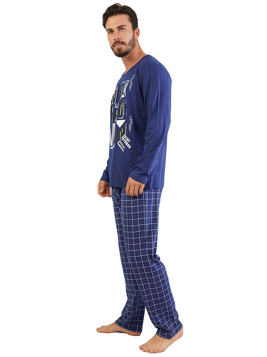 Gazzaz ''Work Men's Winter Cotton Checked Pajamas Set Navy Blue