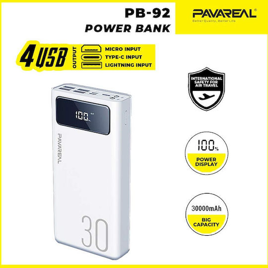Pavareal PB-92 Power Bank 30000mAh με 4 Θύρες USB-A και Θύρα USB-C Λευκό