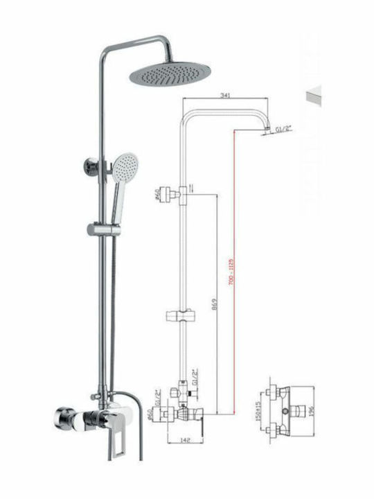 Kls Diva Höhenverstellbare Duschsäule mit Wannenbatterie 70-112.5cm Schwarze