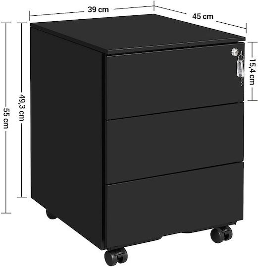 Sertar Dulapuri de birou din metal cu Rotile, Închidere cu Cheie & 3 Sertare în Culoare Neagră, 39x45x55cm