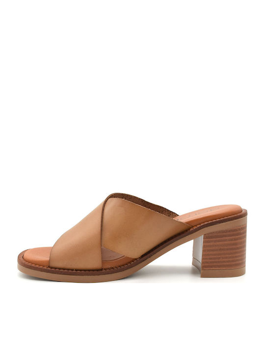 Chunky Heel Piele Mules Brown
