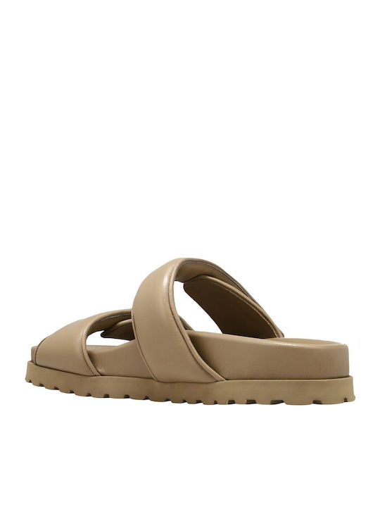 Leather Women's Flat Sandals in Beige Color