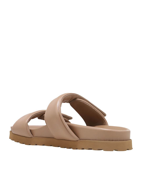 Leather Women's Flat Sandals in Beige Color