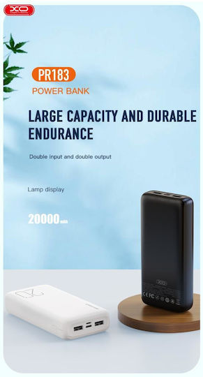 XO PR183 Power Bank 20000mAh με 2 Θύρες USB-A και Θύρα USB-C Μαύρο