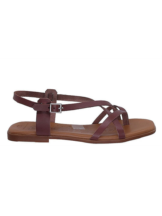 Oh My Sandals Leather Women's Flat Sandals in Tabac Brown Color