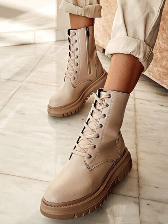 Arte Piedi Women's Medium Heel Combat Boots Beige