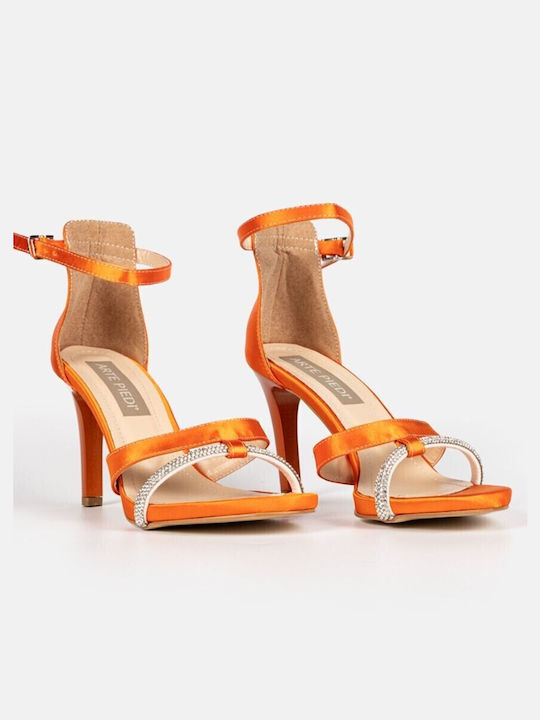 Arte Piedi Fabric Women's Sandals Zoey with Strass Orange with Thin High Heel