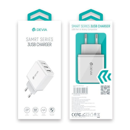 Devia Handyladegerät Ohne Kabel mit 3 USB-A Ausgangsanschlüsse Weiß (DVCH-320460)