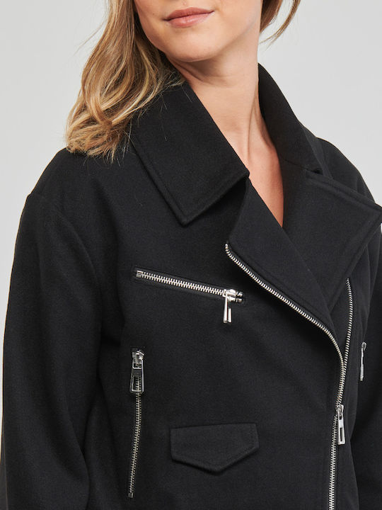 Women's Short Biker Leather Jacket for Winter Black