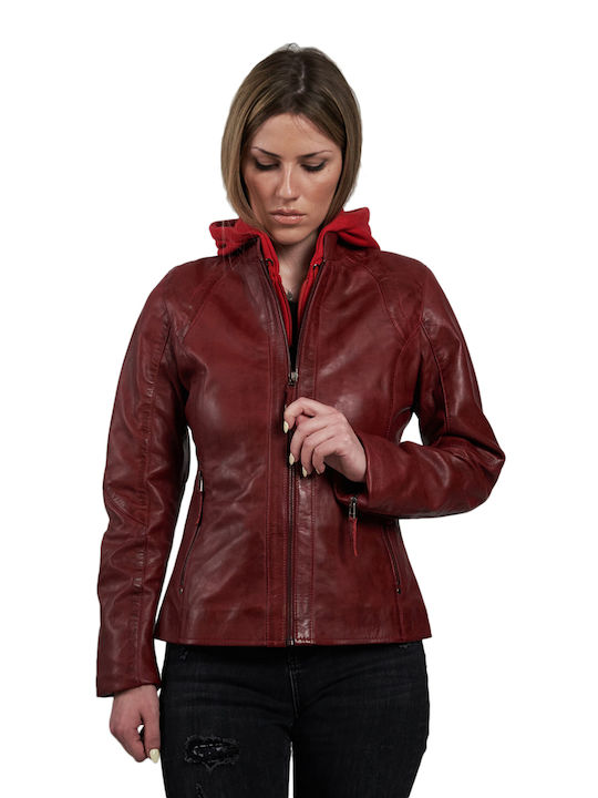 Leatherland Women's Short Biker Leather Jacket for Winter with Hood Red