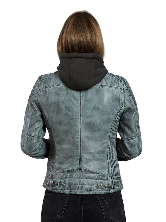 Leatherland Women's Short Biker Leather Jacket for Winter with Hood Gray