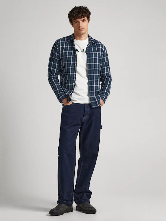Long Sleeve Cotton Shirt In Regular Fit Checked Navy Blue