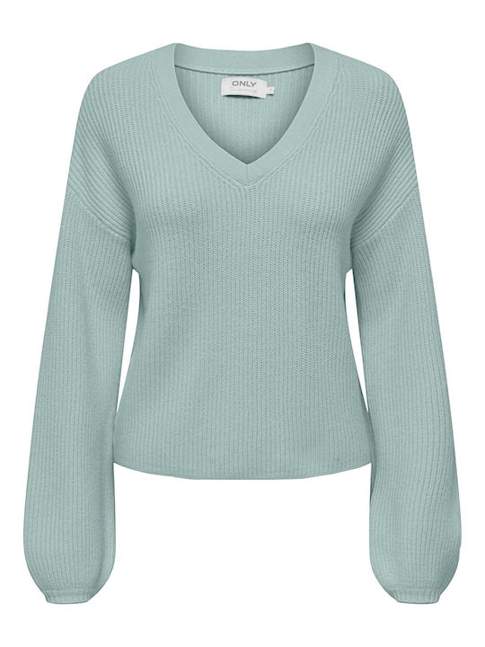 Only Women's Long Sleeve Sweater with V Neckline Aquamarine