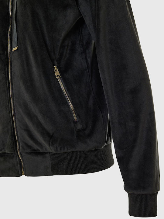 Long Women's Sweatshirt Jacket Velvet Hooded Black
