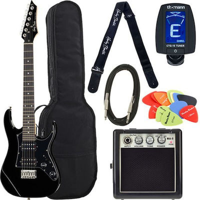 Harley Benton BK Set Electric Guitar With Shape Stratocaster and HH Pickups Layout Black Color