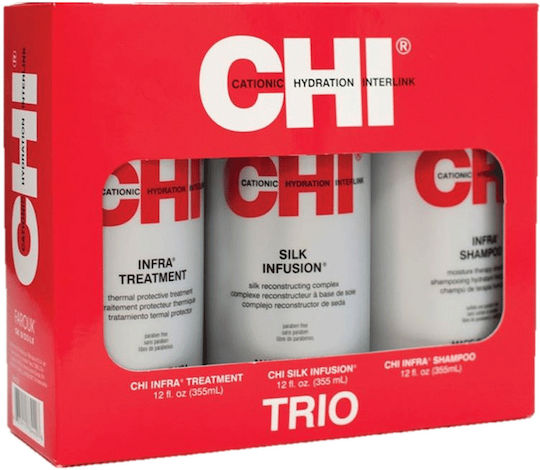 CHI Trio Kit Infra Shampoo 355ml, Infra Treatment 355ml & Silk Infusion 355ml Σετ με προϊόντα Κερατίνης με Σαμπουάν