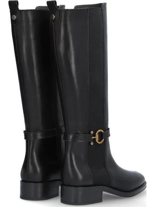 Leder Damenstiefel mit Gummizug Schwarz