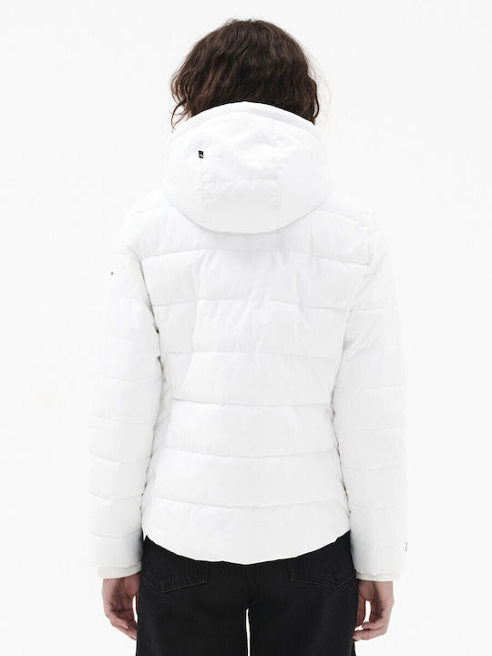 Women's Short Puffer Jacket Waterproof and Windproof for Winter with Detachable Hood White