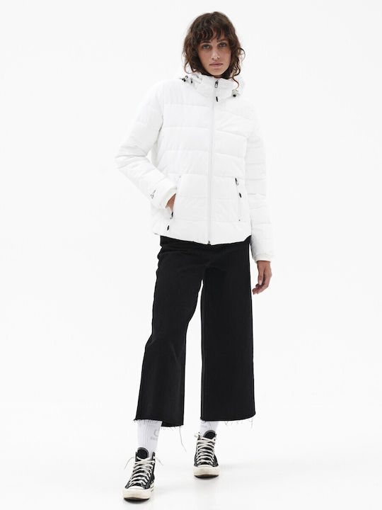 Women's Short Puffer Jacket Waterproof and Windproof for Winter with Detachable Hood White