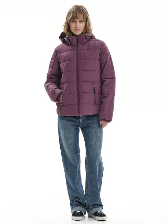 Women's Short Puffer Jacket Waterproof and Windproof for Winter with Detachable Hood Purple