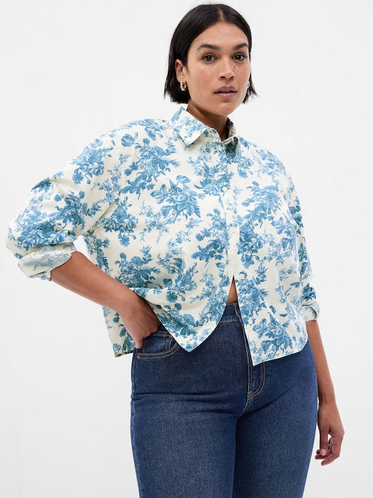 Langärmelig Damen Hemd Blau Blumen