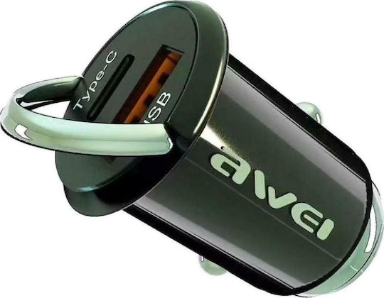 Awei Car Charger Black C-708 with Ports: 1xUSB 1xType-C