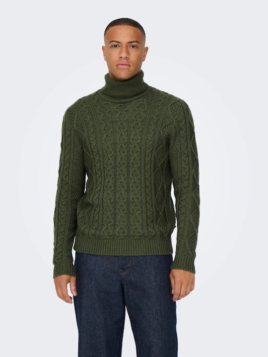 Only & Sons Men's Long Sleeve Sweater Turtleneck Green