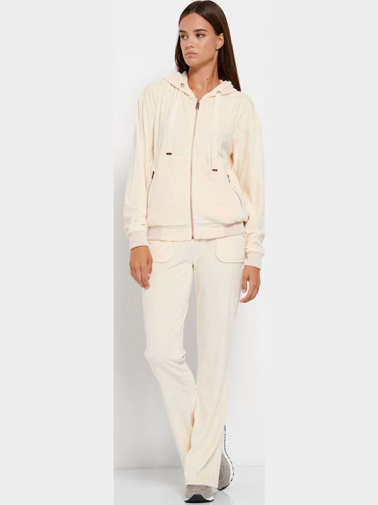 Long Women's Sweatshirt Jacket Velvet Hooded Beige