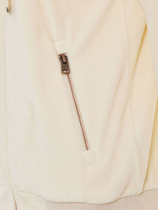 Long Women's Sweatshirt Jacket Velvet Hooded Beige