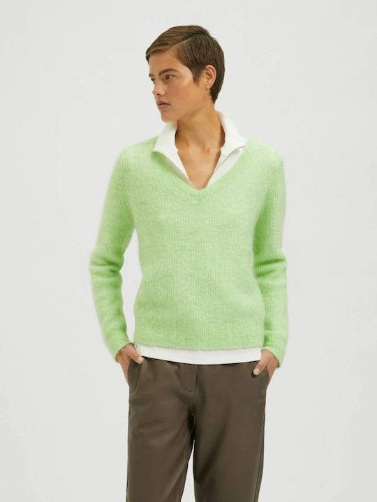 Selected Women's Long Sleeve Sweater Woolen with V Neckline Green