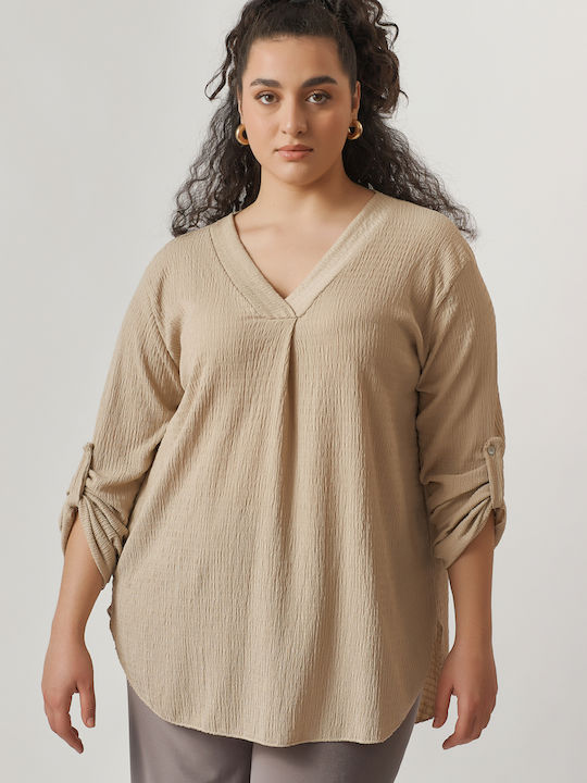 Jucita Damen Bluse Langärmelig mit V-Ausschnitt Beige