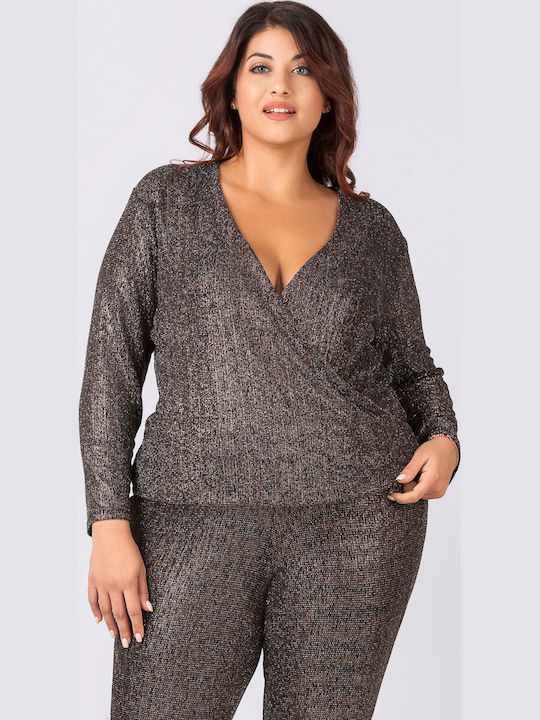 Women's Blouse Long Sleeve with V Neckline Brown