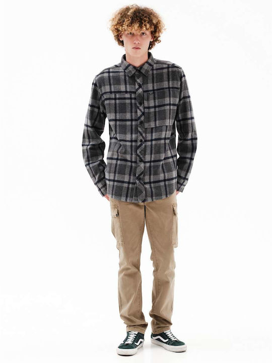 Long Sleeve Flannel Overshirt In Regular Fit Checked Gray