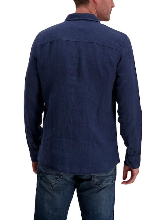 Carsjeans Men's Shirt Long Sleeve Linen Navy Blue